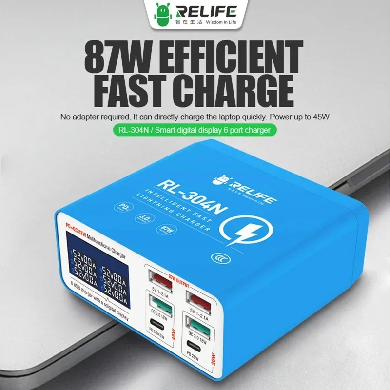 RELIFE RL-304N 87W PD+QC 3.0 USB Charger with LCD Display 6 Ports Desktop Mobile Phone Charger Smart Fast Charging for Tablet PC