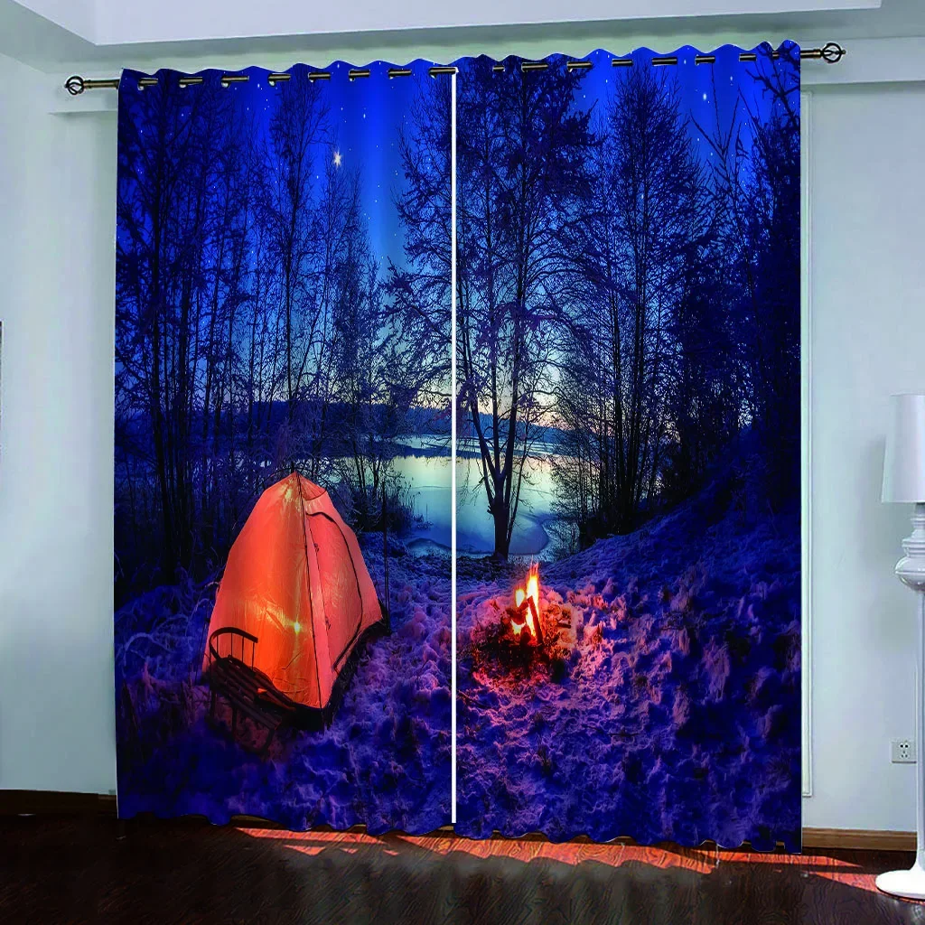 Winter Night Scenery 3D Printing Home Men and Women Bedroom Living Room Curtain Shading Cloth Custom Hook Decorative Curtain