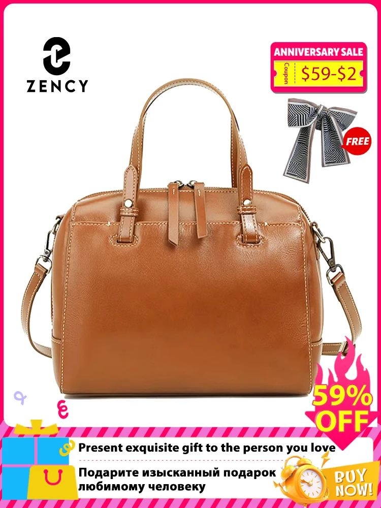 

Zency Genuine Leather Vintage Designer Handbag For Women Large Capacity Shoulder Bag New Grey Green Boston Bag For Work
