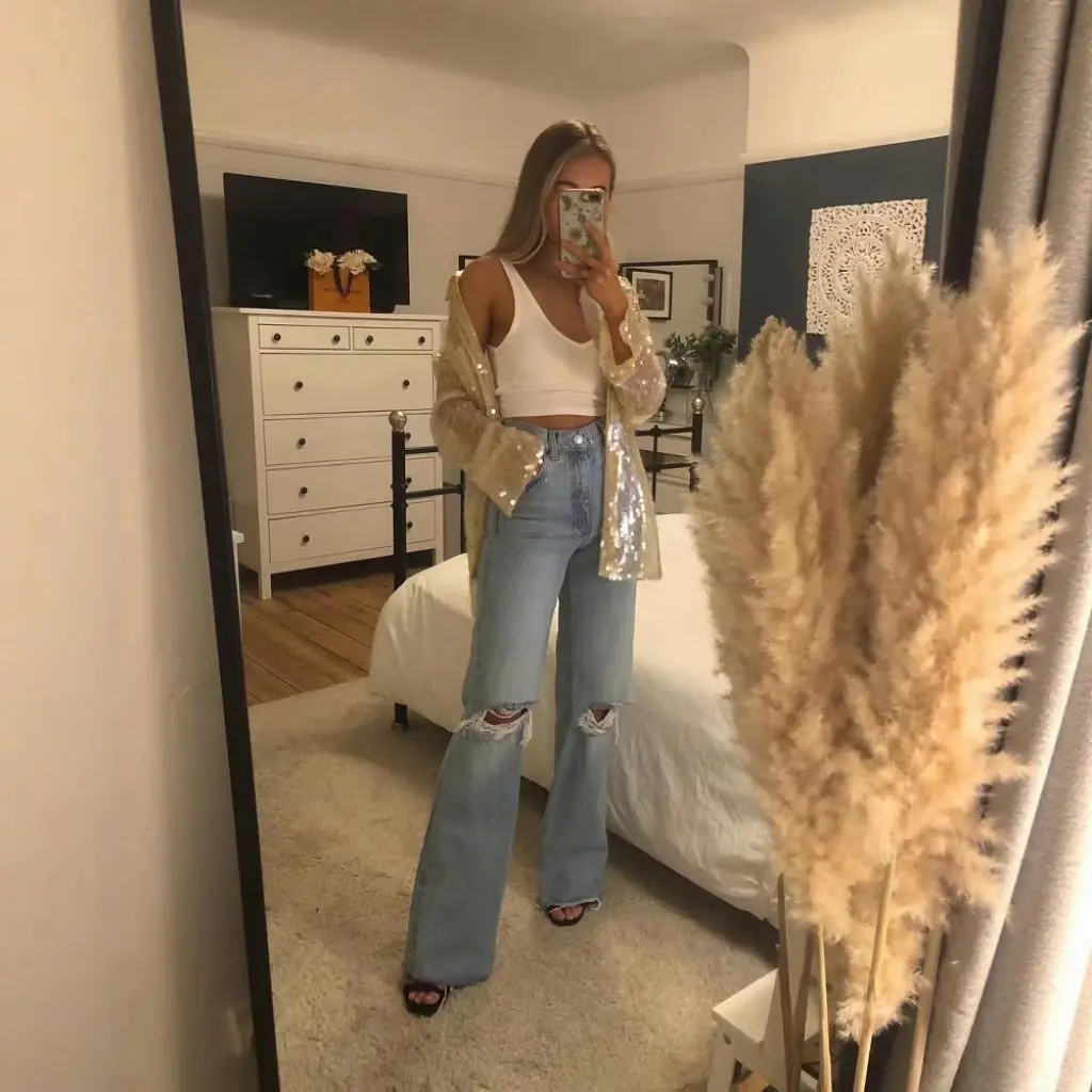 Women's High Waist Double Knee Ripped Denim Pants Raw Edge Spring Style Loose Straight Draped European American Street Fashion