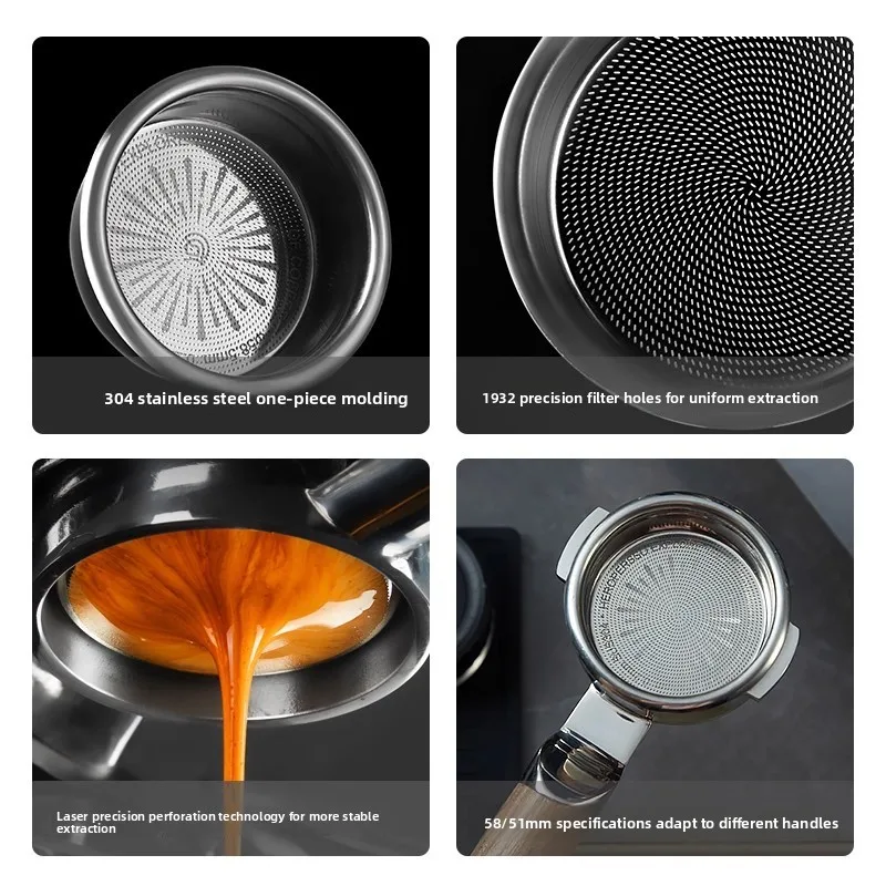 Italian Precision 51mm 58mm 1482 Pcs Holes New Precise Stainless Steel Espresso Coffee Powder Bowl Measuring Cup Filter