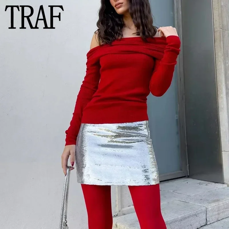 TRAF Off ramię Grey sweter z dzianiny marszczony krótki Top kobieta sweter z długim rękawem krótkie swetry dla kobiet czerwony czarny dzianinowy Top