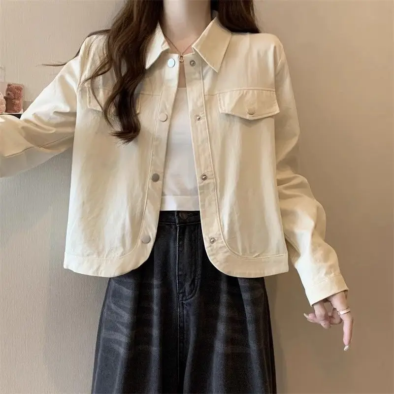 

New Plus Size Women's Spring Autumn Slimming Single Breasted Utility Long Sleeve Jacket Short Style with Arched Hem Cardigan
