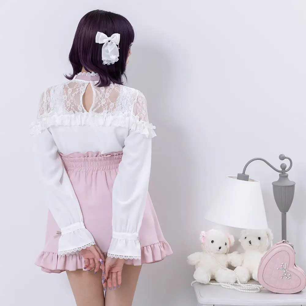 Japanese Mine Style Sweet Cute Lace Stitching Hollow Diamond Love Heart Bow Off-Shoulder Long Sleeve Lolita Shirt Blouse Women