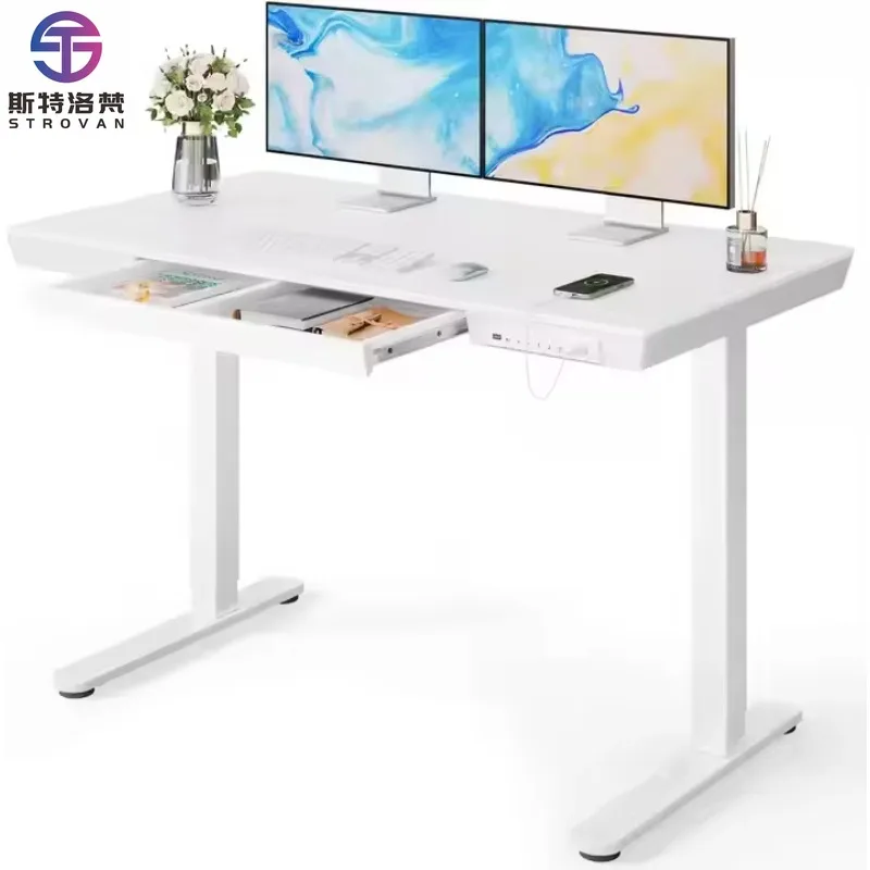 Modern Home Office Electric Height Adjustable 55 X 24 Inches Stand Desk with Dual Drawers 4 Memory Preset 2 Storage Hooks Black