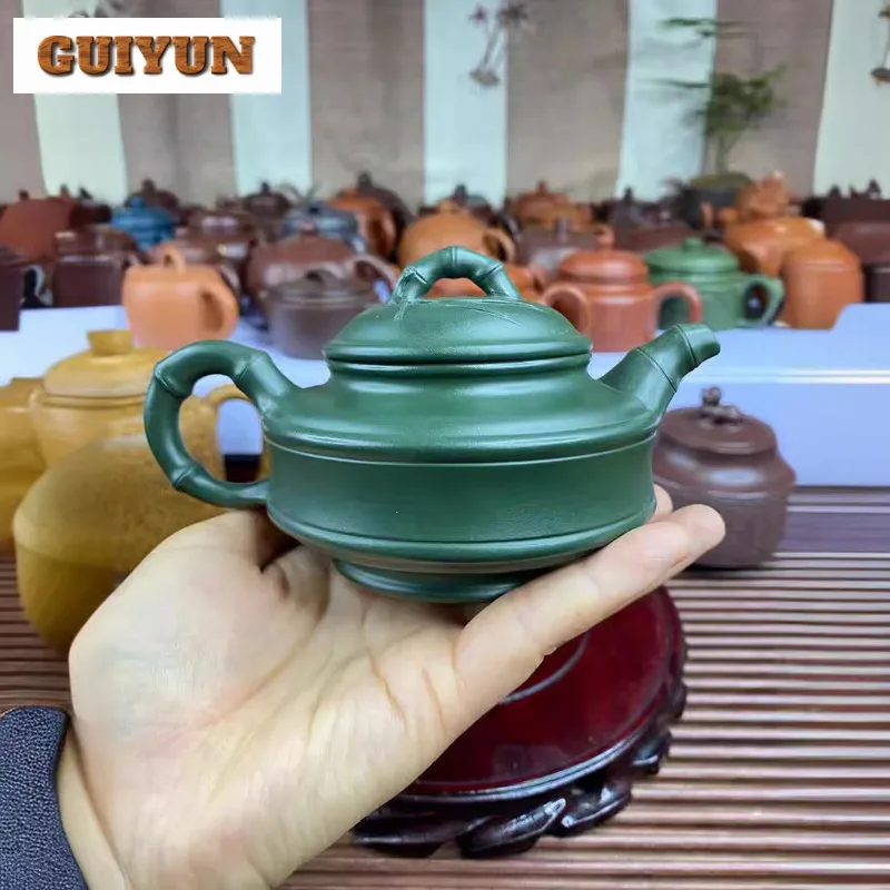 240ml Traditional Yixing Purple Clay Teapots Handmade Double Line Bamboo Drumpot Raw Ore Dark Green Mud Kettle Zisha Teaset Gift