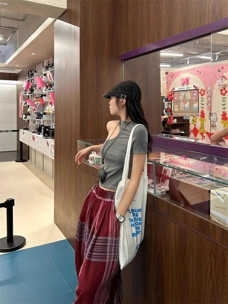 Pantaloni larghi larghi casual da donna sottili scozzesi retrò americani estivi Y2K Pantaloni da donna alla moda stile Harajuku stile millenario