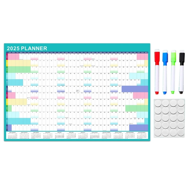 ผู้วางแผนปฏิทินติดผนังปี 2025 พร้อมปากกามาร์กเกอร์แบบลบได้และสติ๊กเกอร์จุดกาว