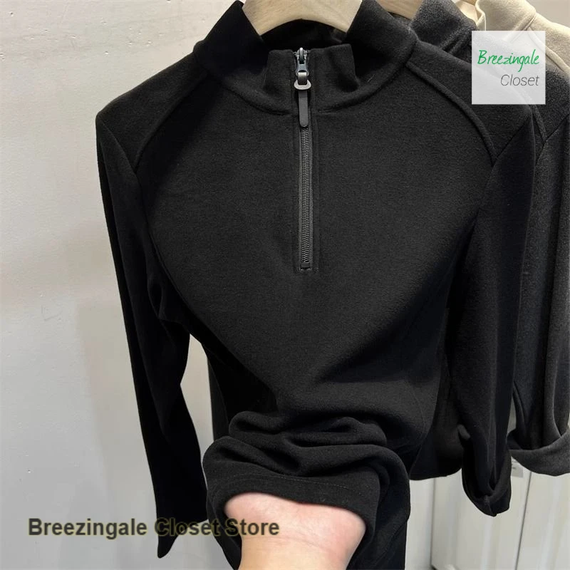 

Korean-style casual half-open collar zipper velvet bottoming shirt women's autumn and winter new slim warm collar casual T-shirt
