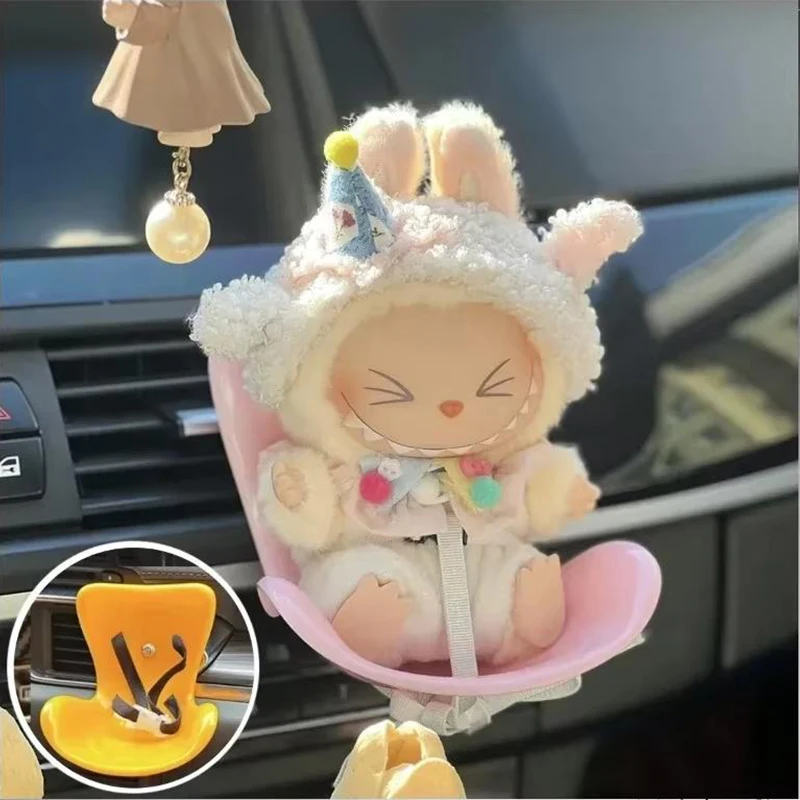 Kawaii Labubu Idol Doll Car Ornament Mini Plush Safety Seat Decor with Air Vent Clip Aromatherapy Cute Vehicle Accessories Gifts