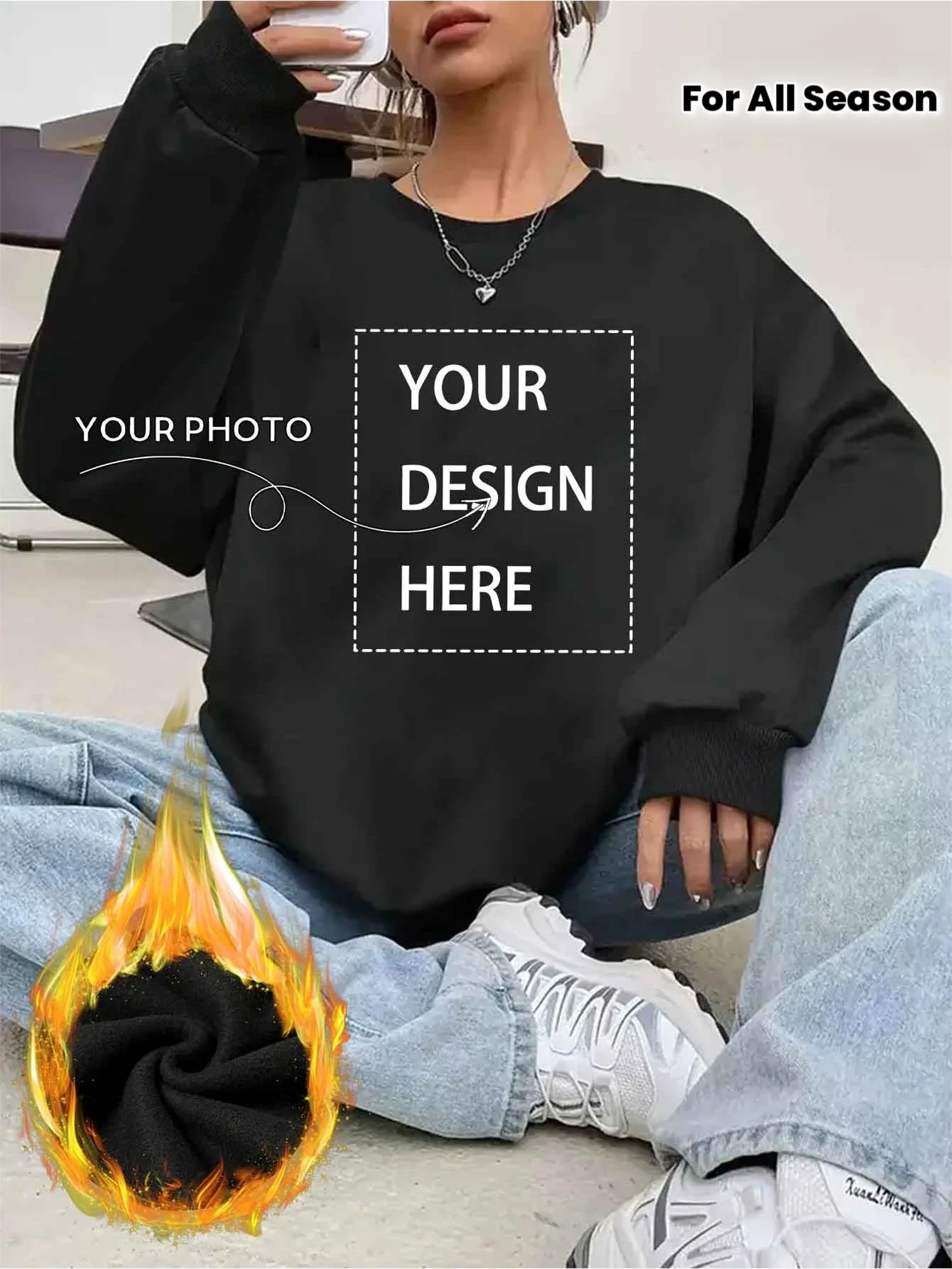 Customized Womens Sweatshirts Casual Oversized Hoodies Korean Fleece Warm Tops DIY Your Graphic Pullovers Basic Woman Clothes