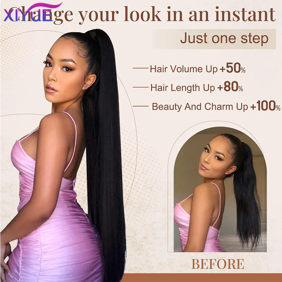 XIYUE 32인치 여성용 합성 긴 직선 포니테일 다용도 가발, 여성용 합성 긴 직선