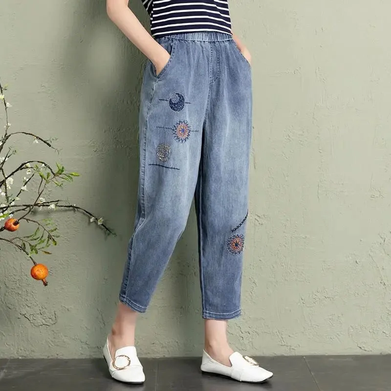 Vintage Floral Stickerei Hohe Taille Denim Hosen Dünne Harem Jeans 2022 Ethnische Stil Sommer Retro Lose Capris