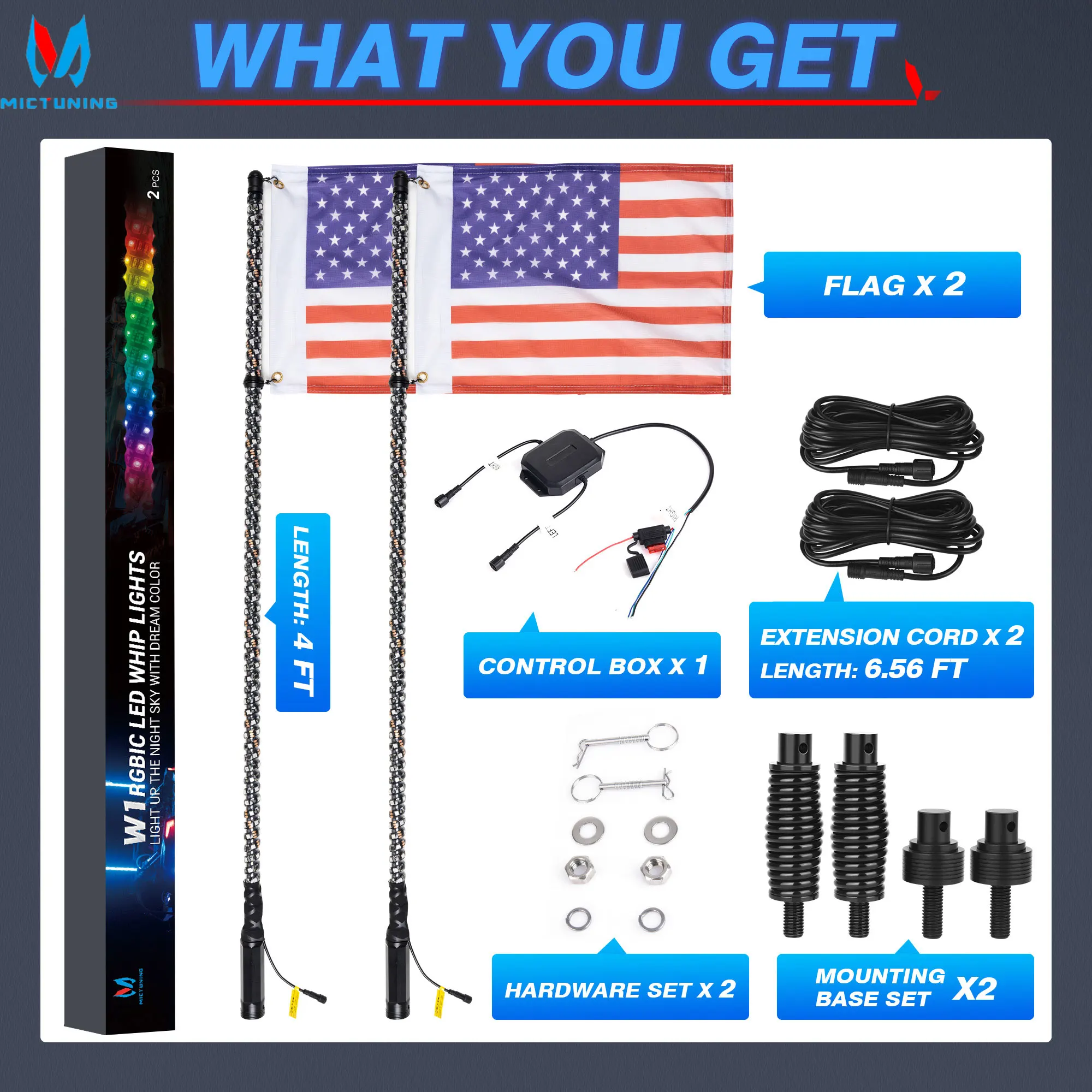 MICTUNING 4FT LED 채찍 빛 블루투스 App 제어 나선형 구부릴 수 있는 RGB+IC 오프로드 트럭용 컬러 안테나 채찍을 쫓는