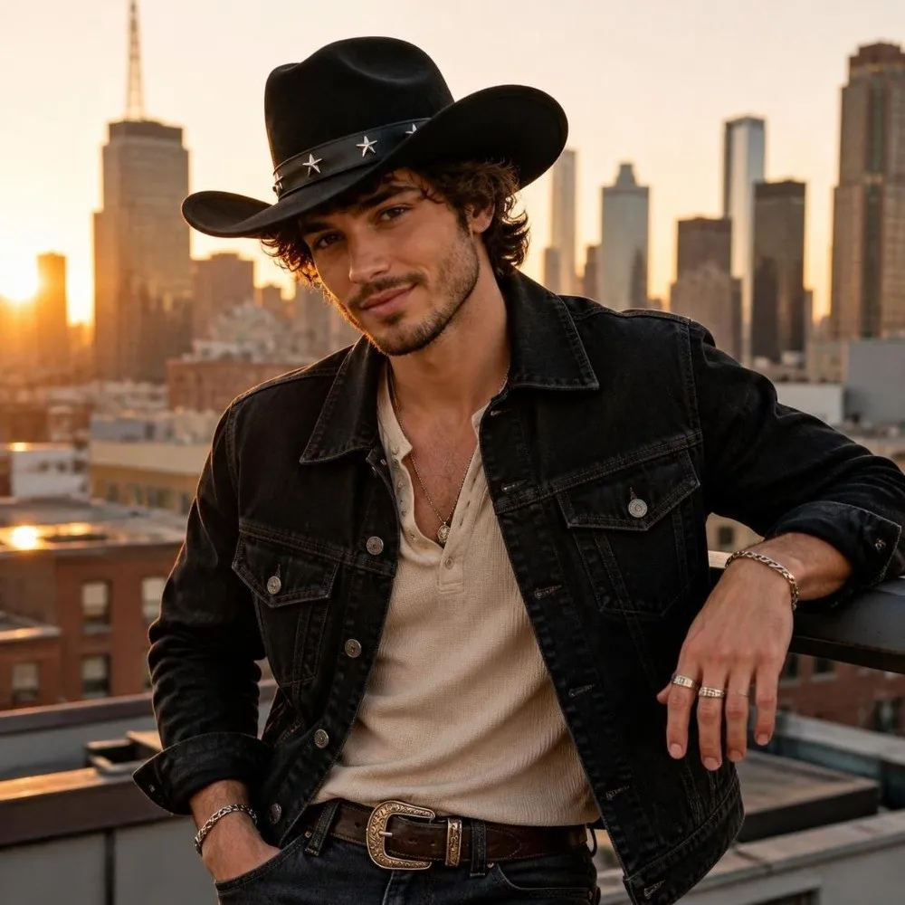 New Big Brim Fedora Hat Five-pointed Star Belt Curved Brim Western Top Hat Vintage Breathable Cowboy Cap Outdoor