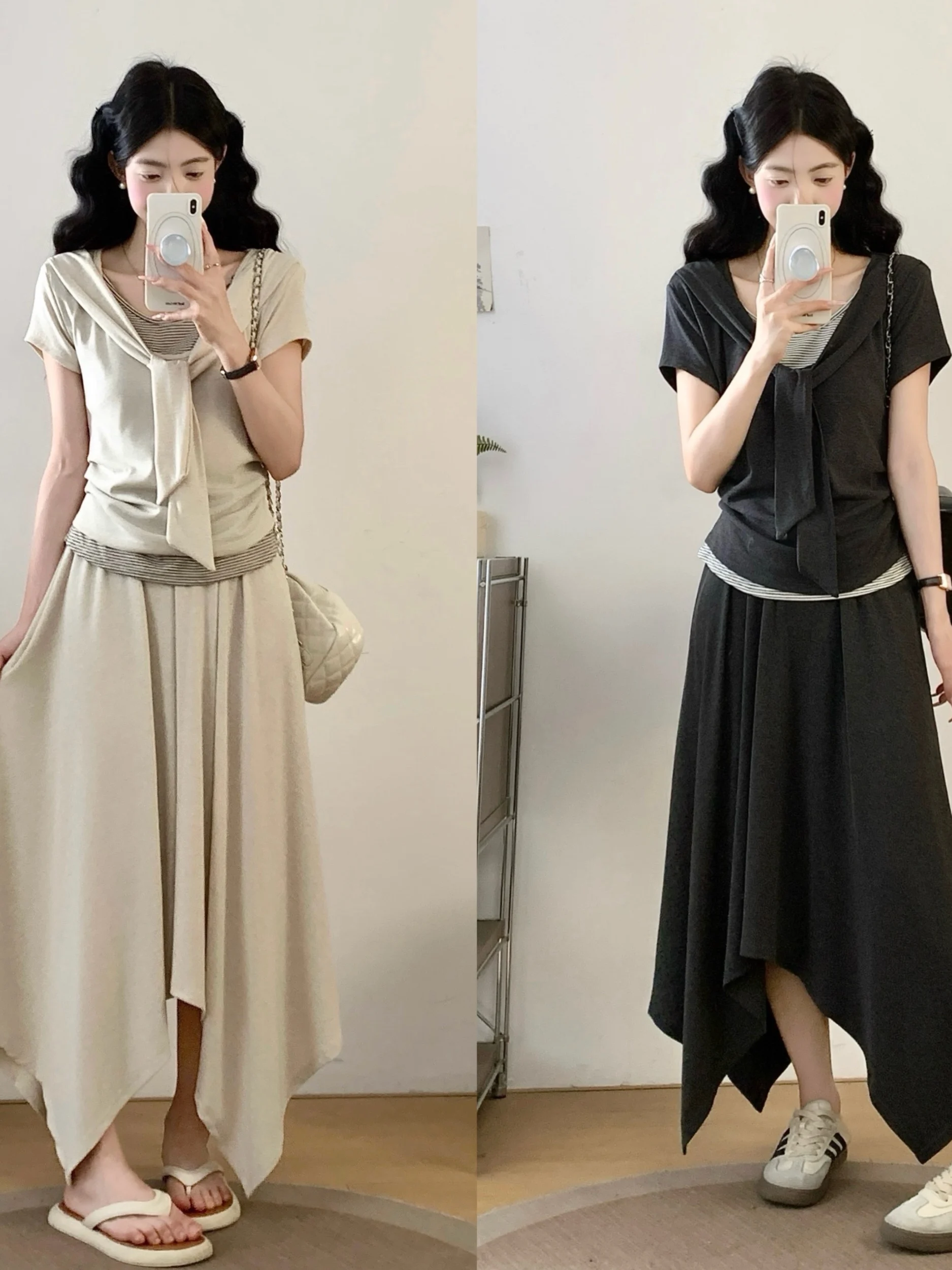 

plus Size Women's Summer Stripe Two-Piece Set Short Sleeve Top High Waist Skirt Breathable Comfortable Fashion Outfit