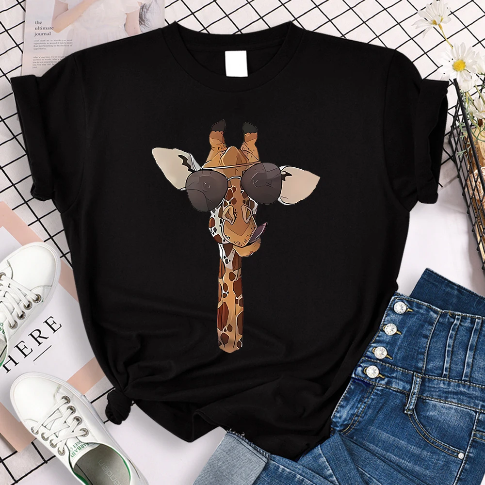 Manga-T-Shirt, modisches T-Shirt mit Giraffenkopf-Aufdruck, kurzärmelig, Rundhalsausschnitt, lässiges Oberteil für Sommer, Frühling, Damenbekleidung, Top-T-Shirt