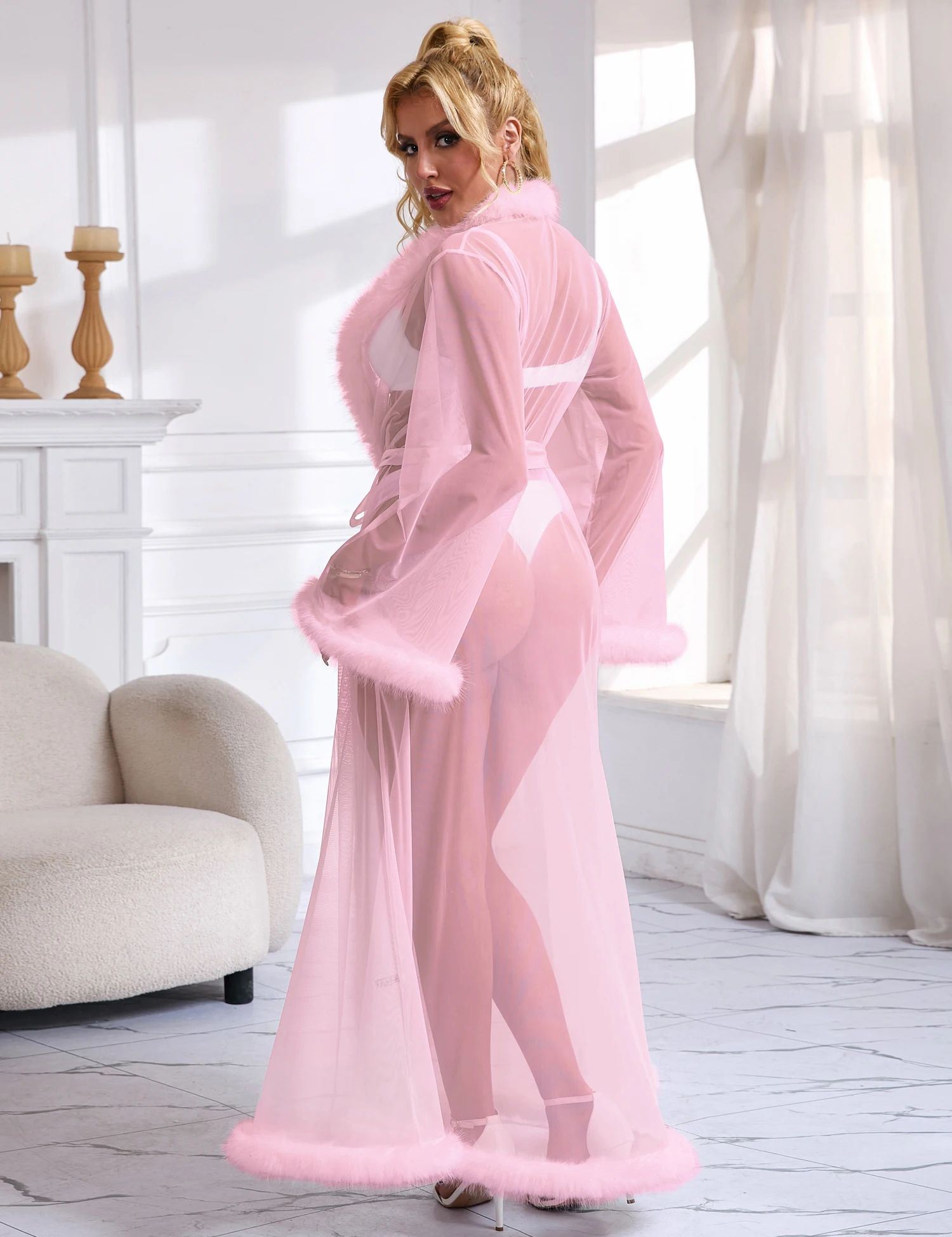 Long Robe Women's Pink Sexy Mesh Imitation Mink Fur Trim Robe With Silk Belt Hot Women Pajama Negligee Erotic Sleepwear Lingerie