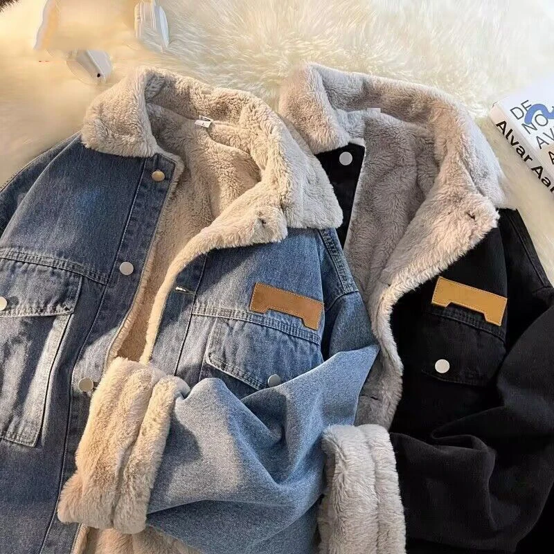 

Men's Lamb Wool Denim Jacket Winter Loose Plush Thick Women's Cotton Jacket New Fashion Loose Washed Couple Cotton Jacket