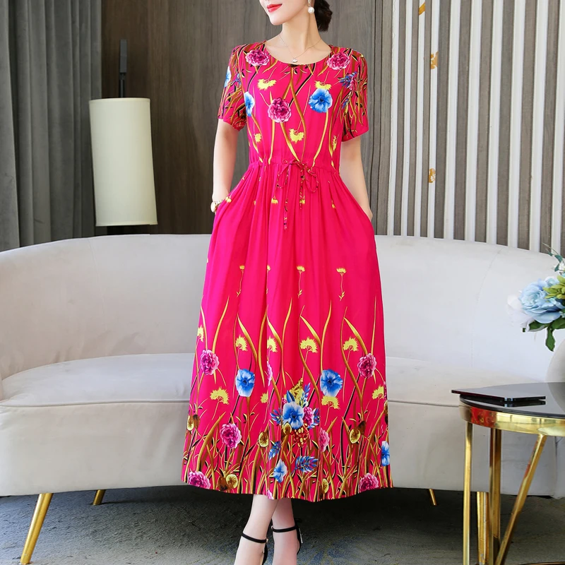 New Fashion Summer Dresses For Women 2024 O-neck Print Long Dress Short Sleeve Women Long Dresses Loose Dresses Women Clothing