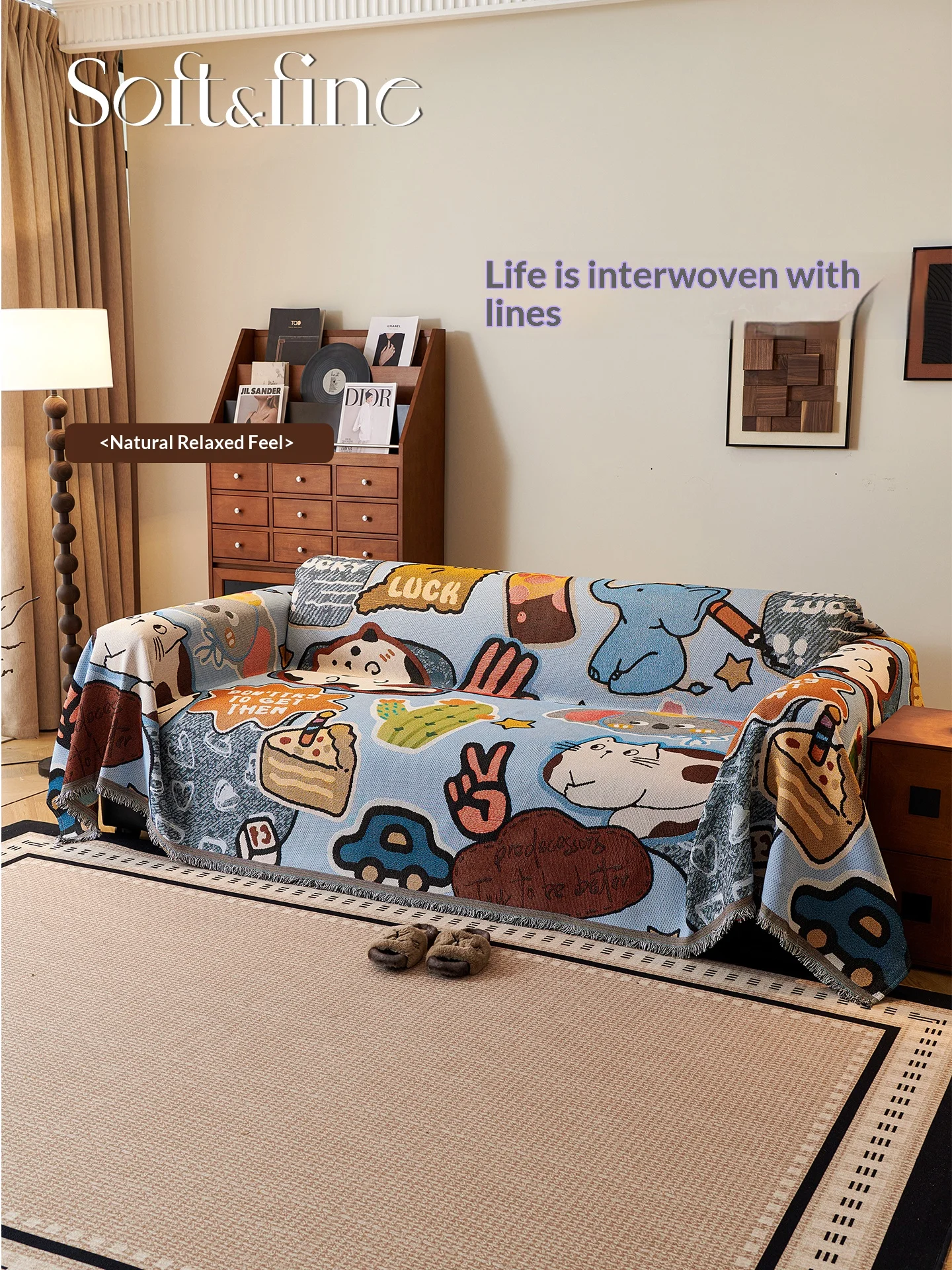 Home Sofa Cover for Living Room with Tassel 2 3 4 Seater Cartoon Sofa Cover Canapé Double Sided Use Prevent Cat Scratch Chair