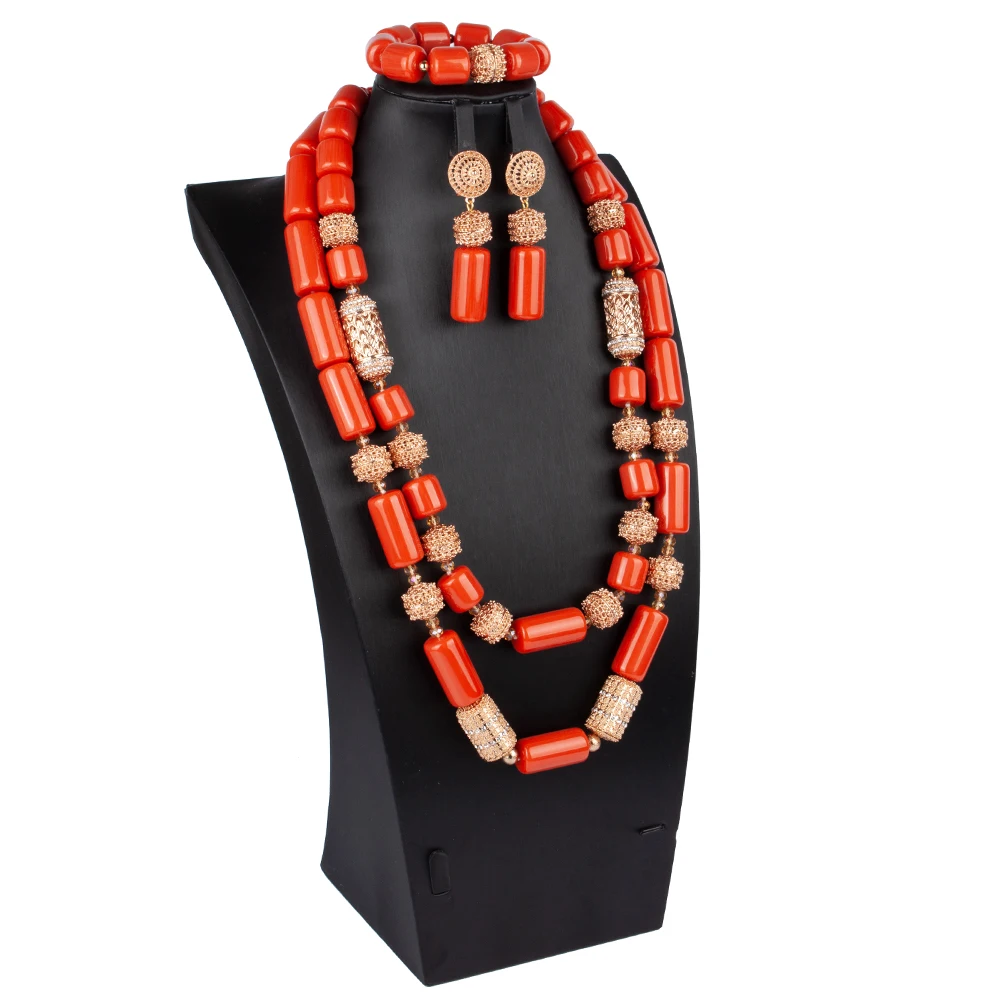 

Nigerian Wedding Gold Jewelry Set for Bride Two Layers Original Real Coral African Beads Jewelry Set ABS192