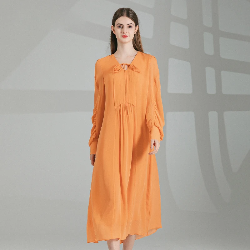 Amor Laranja Dupla Camada Georgisand Silk V-Neck Lanterna Manga Longa Cintura Solta Vestido Simples Leve AY215