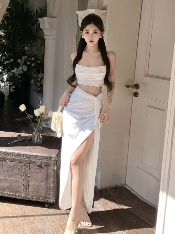 

Beach Vacation Sexy Split Wrap Chest Strapless Long Dress Women's Two-Piece Set Breathable Knitted Fabric Summer Casual Wear