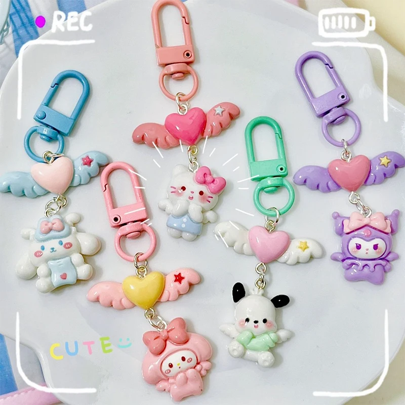 Lovely Cartoon Sanrio Keychain Cute Angel Anime Keyring Kawaii Kuromi Melody Hello Kitty Key Holder School Bag Pendant Decor