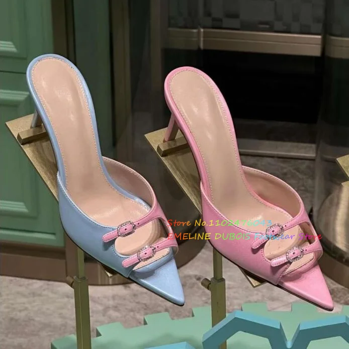 Pink Blue Patchwork Low Heel Mules Stain Pointed Toe Double Crystal Buckle Sweet Girl Summer New High Heel Party Dress Slippers