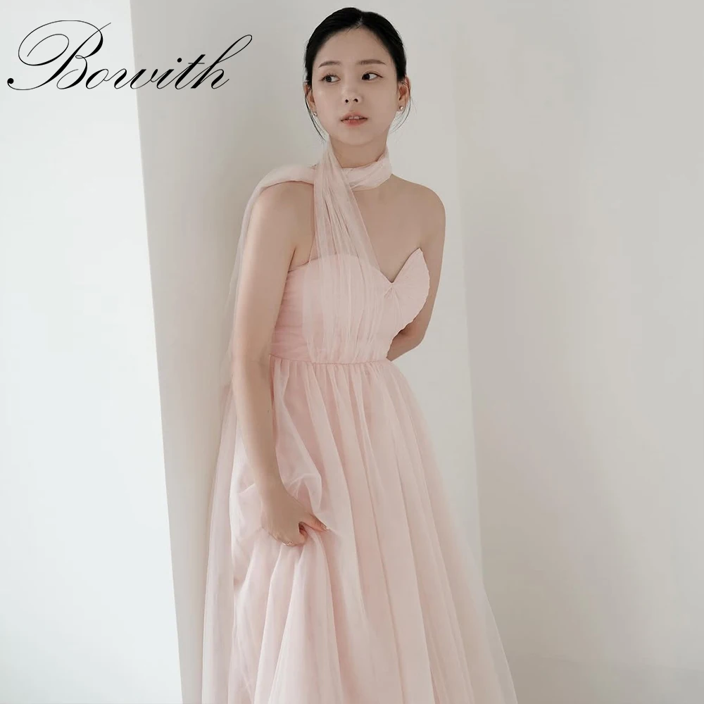 

Bowith Pink Evening Dresses with Scarf Korean Photoshoot A Line Strapless Wedding Party Gowns Floor Length Customized Reception