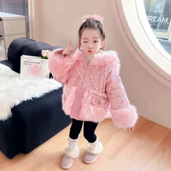 2023 new winter girl padded sequined fur plus velvet coat rabbit hooded design diamond accessories girl cotton-padded jacket.