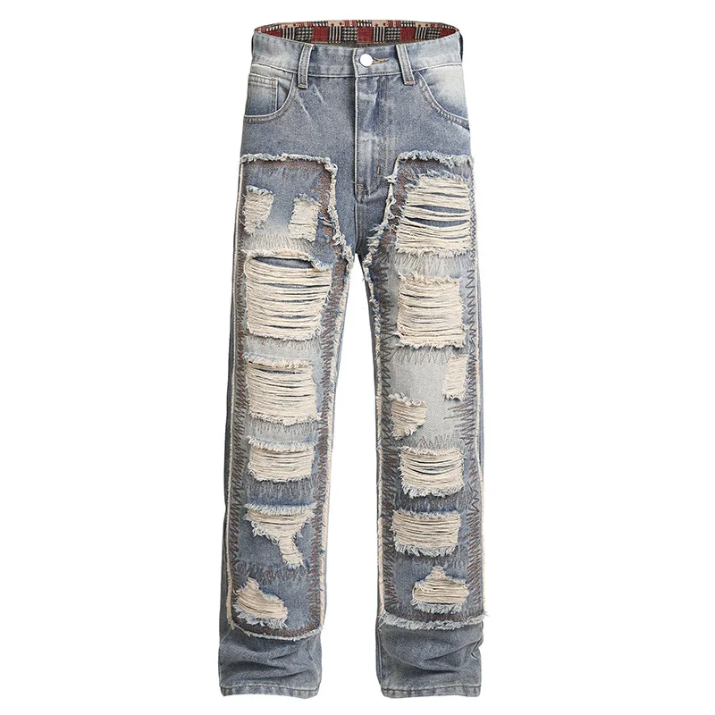

2025 new ripped jeans men's embroidered patch American versatile loose straight leg leather and handsome long pants