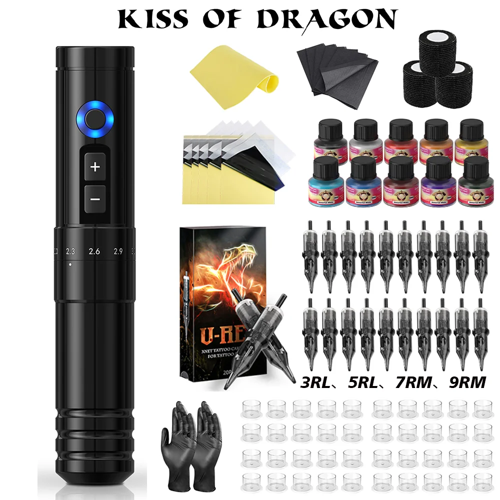 

Kiss Of Dragon Tattoo Pen Set Rotary Wireless Tattoo Machine Kit Coreless Motor High Quality Tattoo Machines Kit for Tattoo Art