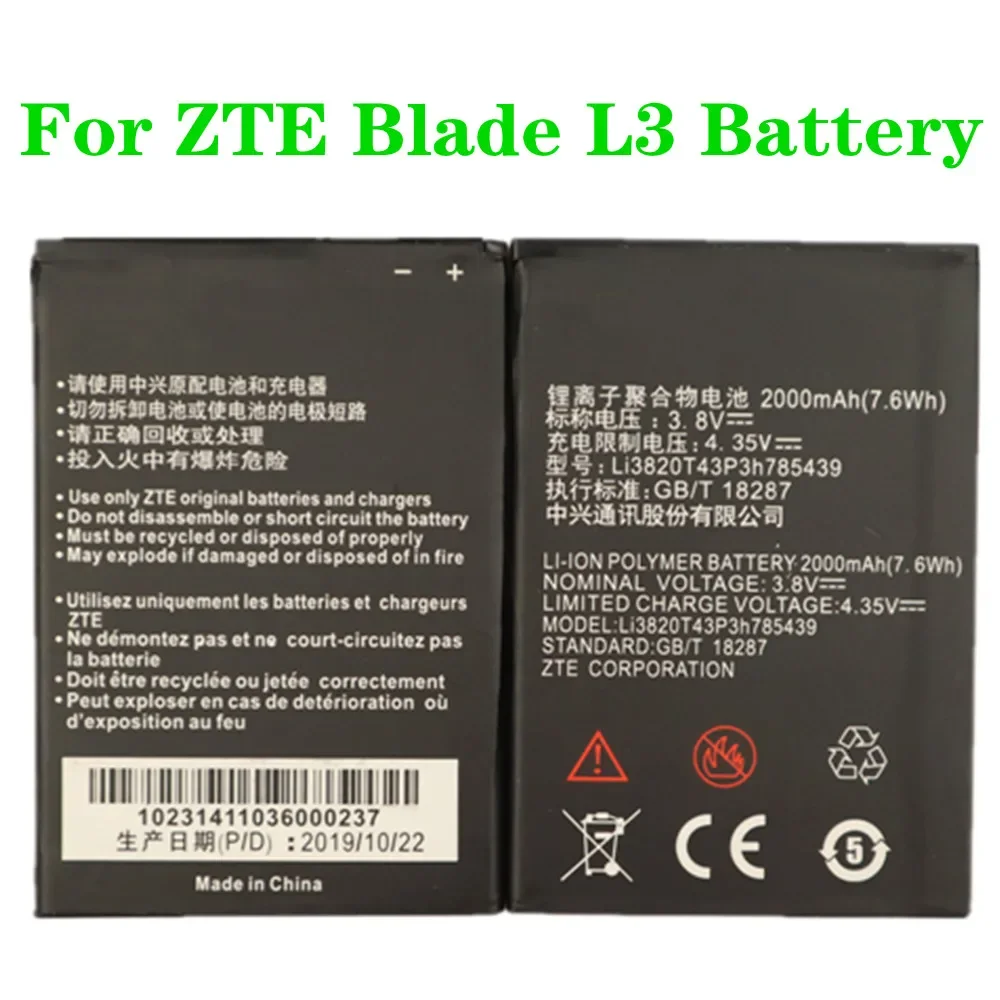 

For ZTE Blade L3 Mobile Phone Battery Li3820T43P3h785439 3.8V 2000mAh High Quality Replacement Batteries 2PCS/LOT