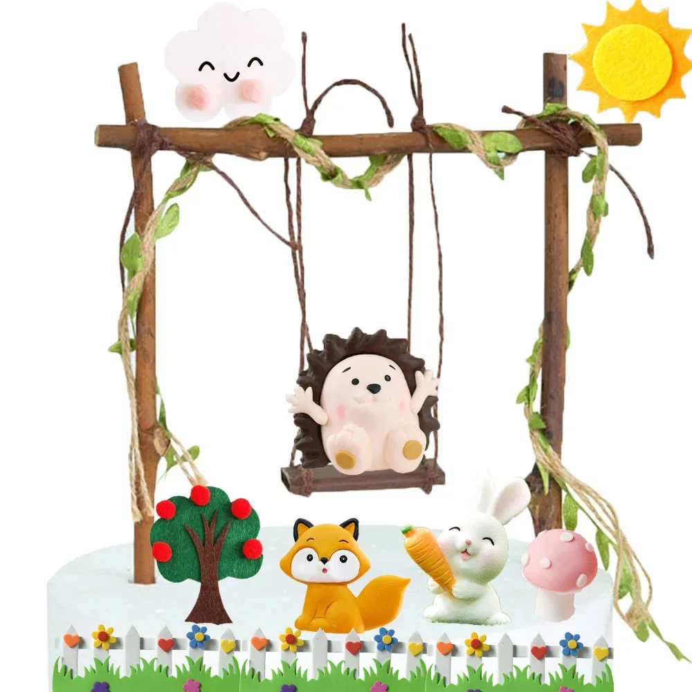 Woodland Animal Theme Cupcake Toppers Hedgehog Swing Cake Topper Figure Doll Kids Baby Shower Birthday Gift Woodland Party Decor