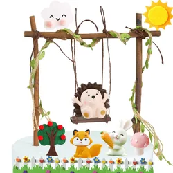 Woodland Animal Theme Cupcake Toppers Hedgehog Swing Cake Topper Figure Doll Kids Baby Shower Birthday Gift Woodland Party Decor