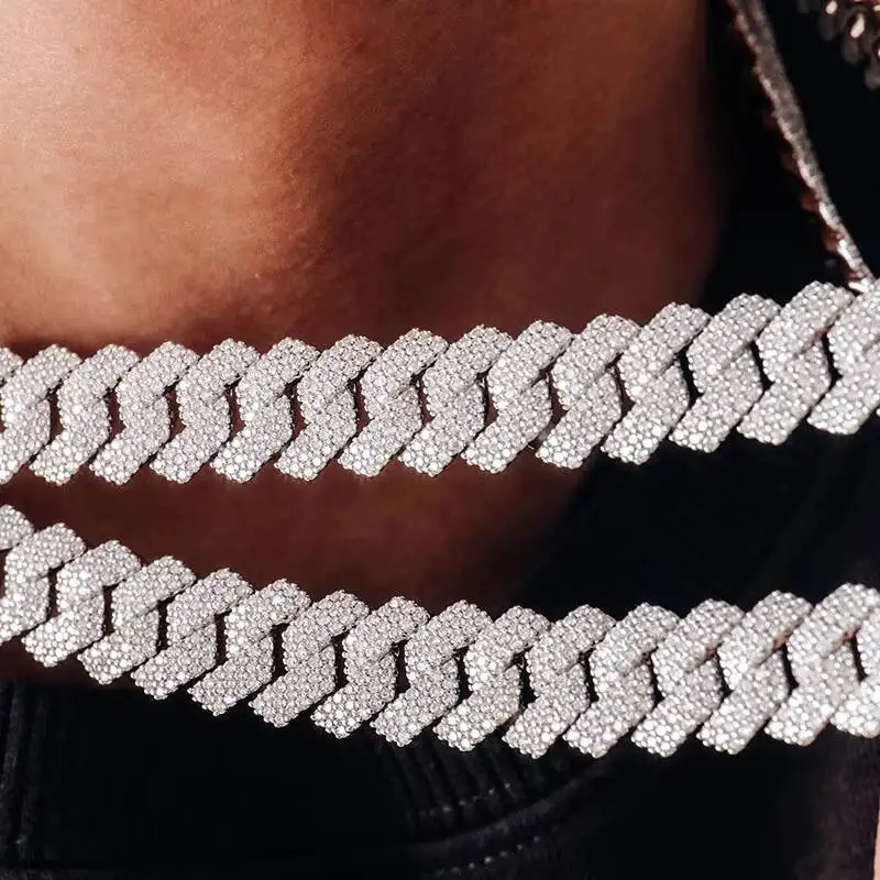 luxury Wholesale Price 3 Row Moissanite Cuban Chain Necklace 15mm Ready to Ship Sterling Silver Style for Men Style Gift Necklac