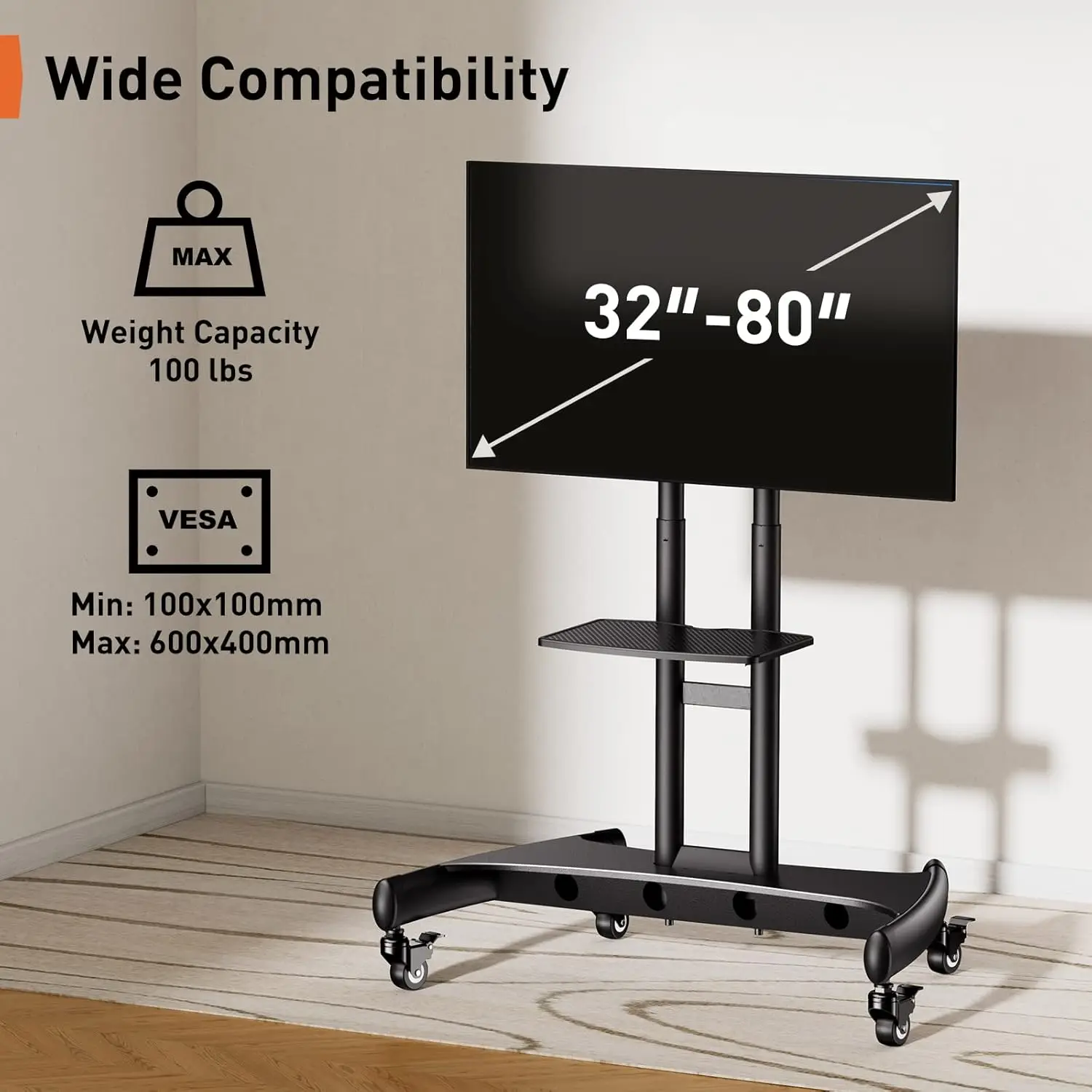 Mobile TV Cart for 32-80 Inch Flat/Curved LED/LCD/OLED TVs Rolling TV Stand with Height Adjustable Shelf Max VESA 600x