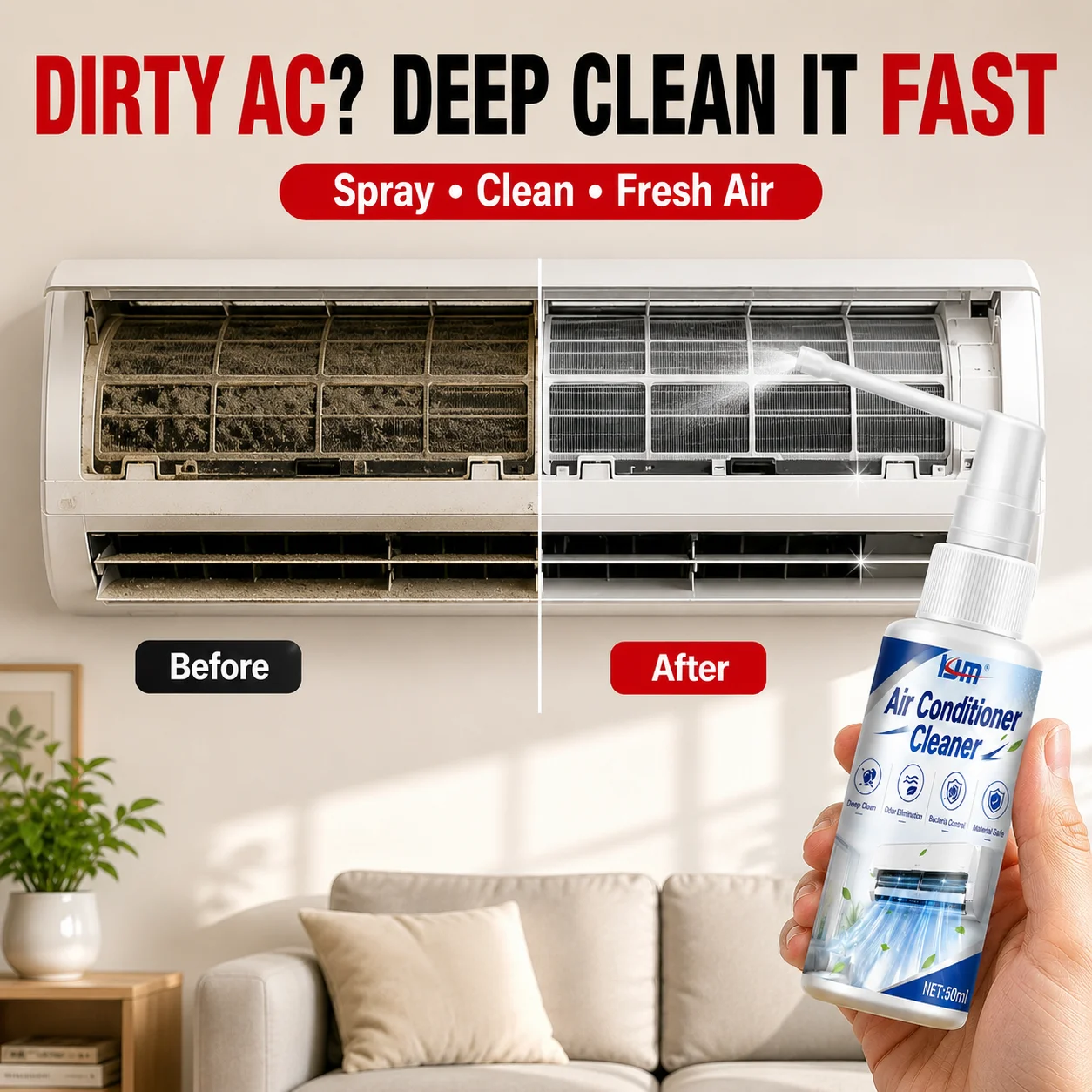 KJM Car Home Air Conditioner Foam Cleaner Spray for Auto AC Vents Household Split Aircon Dust Mildew Odor Remover 50ML