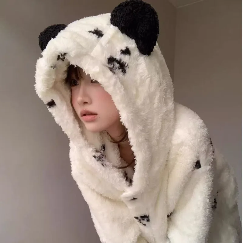 Cute Cartoon Coral Velvet Hooded Onesies Pajamas Kawaii Autumn Winter Thickened Padded Warm Fleece Rompers Sleepwear for Women 4