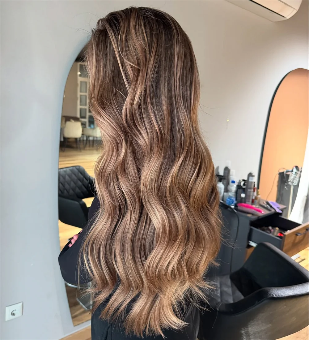 شعر مستعار Balayage أشقر عسلي مميز بدانتيل أمامي للنساء، شعر طبيعي، تسريحة شعر مموجة طويلة