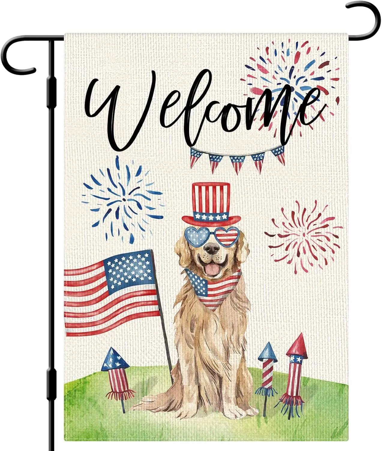 Welcome 4th of July Dog Garden Flag Patriotic Golden Retriever Garden Flag 12×18 Inch Double Sided Vertical Burlap