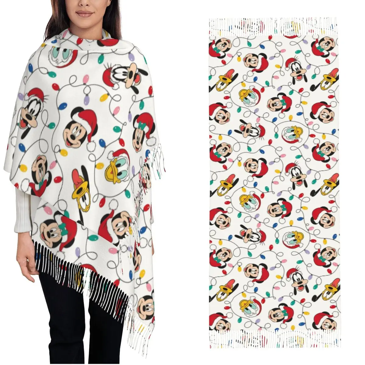 Merry Christmas Mickey Mouse Scarf Women Winter Warm Pashmina Shawls and Wrap Minnie Donald Duck Long Shawl Scarf Daily Wear