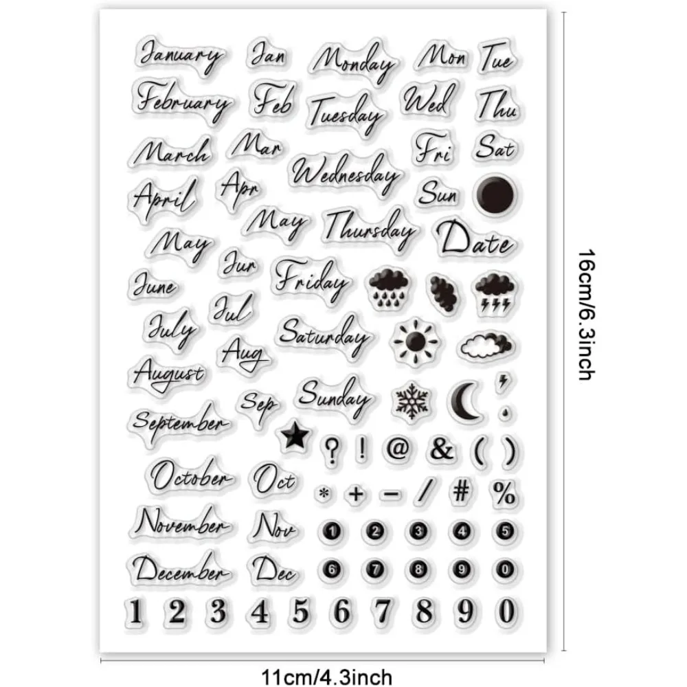 Handwritten Month Clear Stamp for Card Making Date Week Weather Silicone Stamp Number Symbol Transparent Rubber Stamp Seal Stamp