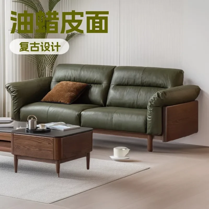 Nordic Retro Black Walnut Leather Sofa Top Grain Cowhide Straight Sectional Couch Comfortable Living Room Furniture Small