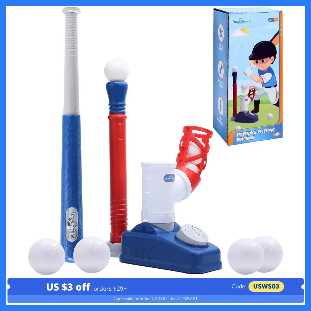 EagleStone 2-in-1 T-Ball Set, Ages 3-5, w/Pitching Machine, Adjustable Tee, Bat & 6 Balls