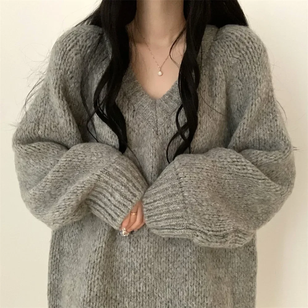 Mulheres pulôveres com decote em v branco cinza moda manga longa topo simples solto oversize feminino outono suéteres de malha coreano elegante