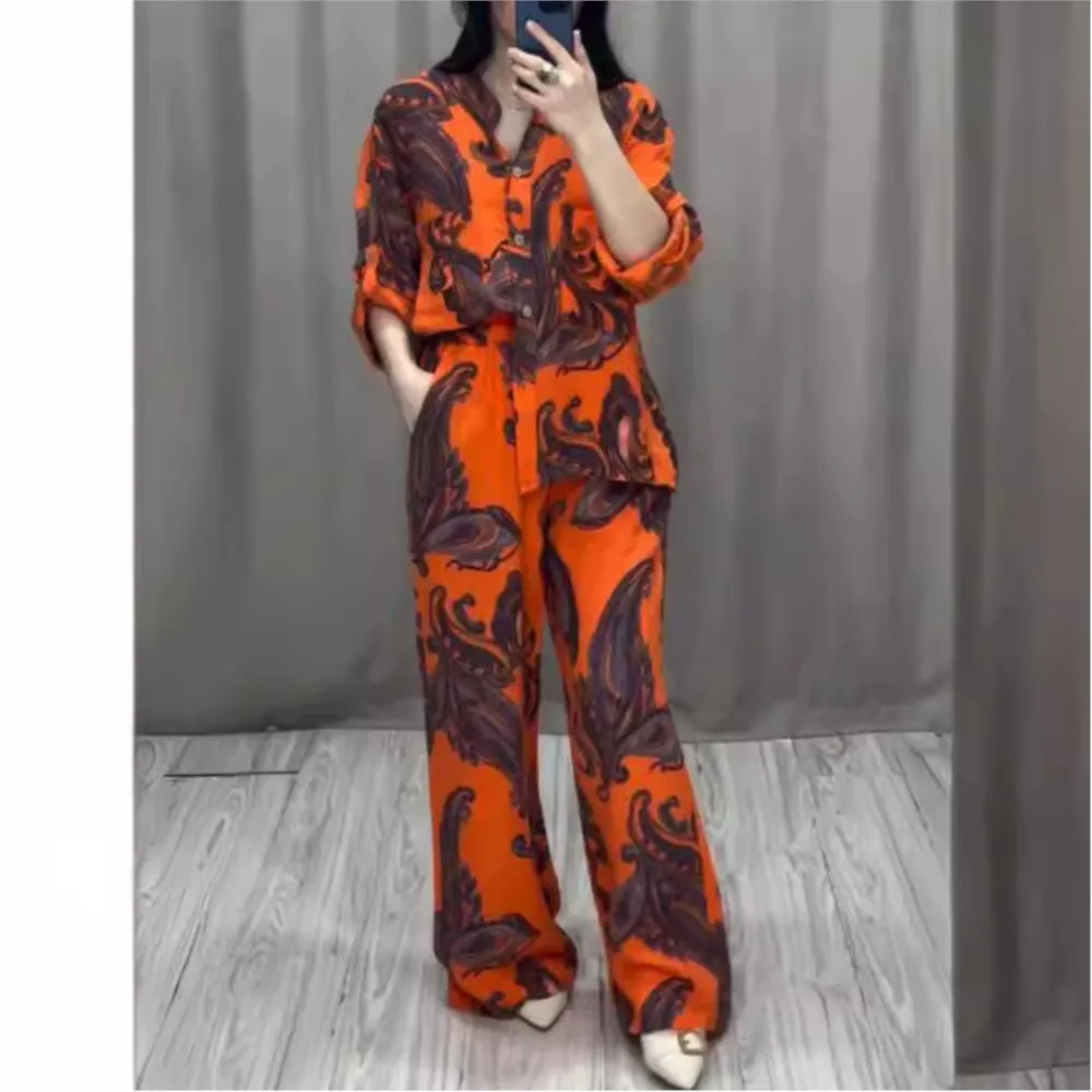 Women Vintage Print 2 piece sets 2024 Spring v-neck Long Sleeve Shirt Lace-up Wide Leg Pants Outfit New Summer Button 2pcs Suit