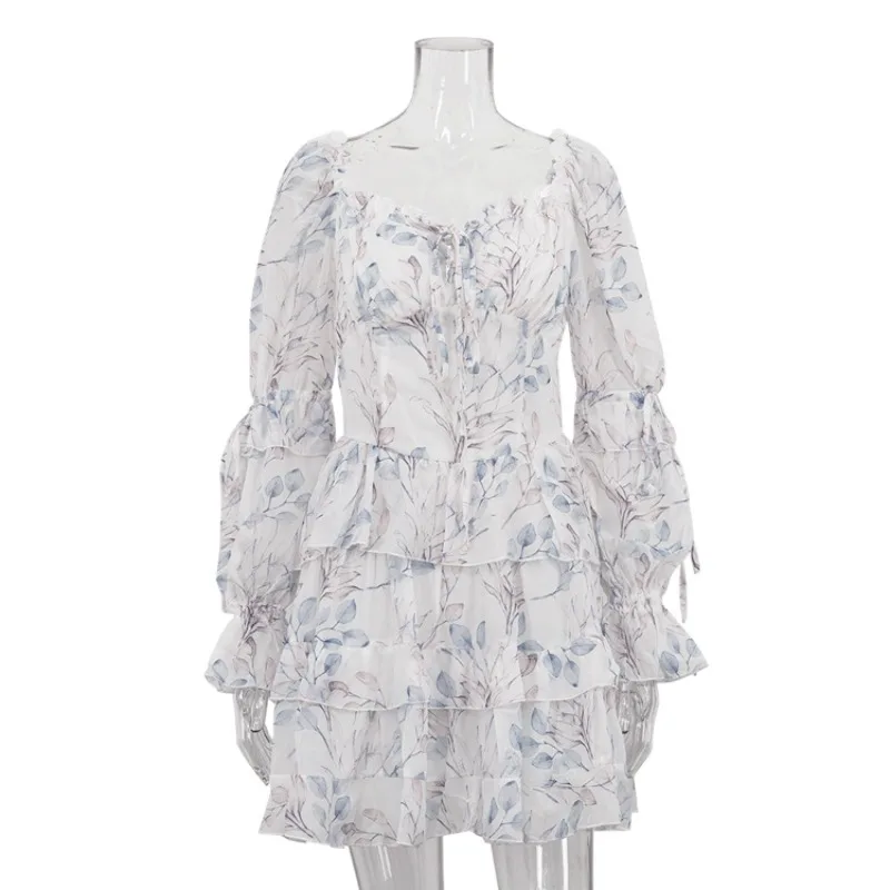 DINADD Abito elegante stampato a pieghe Moda estiva Cravatta Patchwork stampato Abito a vita alta Abiti da donna vintage di lusso